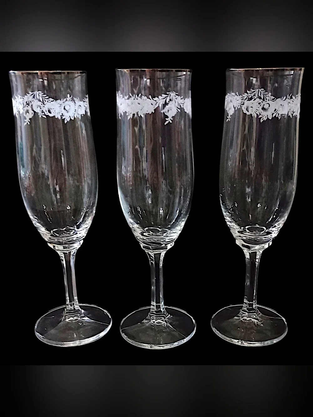 3 Johann Haviland Sweetheart Rose Champagne Flutes Crystal Vtg Floral Stemware